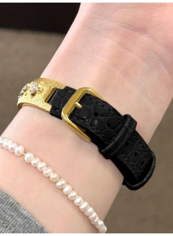 Bracelet Leather Strap iWatch Replacement Strap Fine Design Black (Round Crocodile Pattern) - Gold Buckle Suitable For Iwatch S10-42mm Generation - Image 3